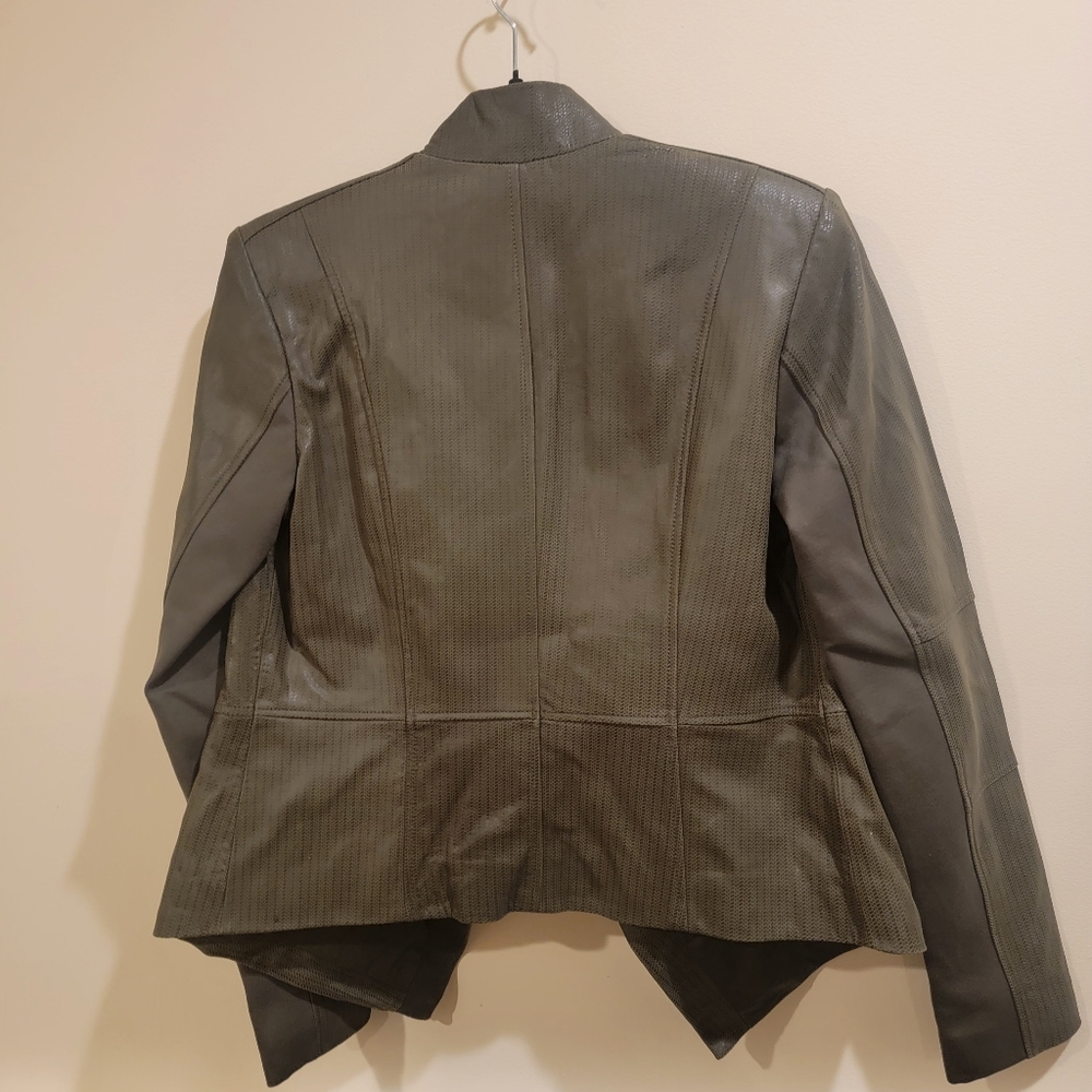 Olive Green Patterned Leather Jacket - image 3